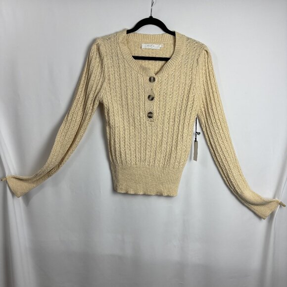 ASTR The Label L Ivory Cream Henley Long Sleeve Ribbed Knit Patterned Sweater - Picture 1 of 8